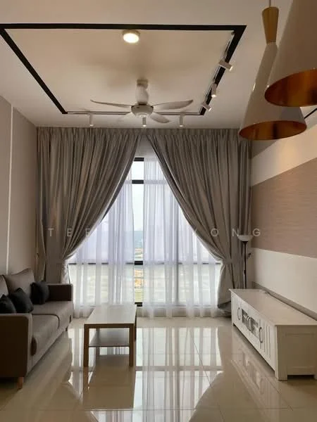 Living features: 5-blade ceiling fan with light, floor-to-ceiling windows, sheer curtains, grey fabric sofa, coffee table, TV console, marble tile flooring, recessed downlights, decorative wall panel, wall-mounted TV, area rug; style: modern; view: city.