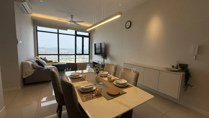 Dining features: 6-seater dining table, marble dining table top, upholstered dining chairs, decorative wall clock, wall-mounted TV, floor-to-ceiling windows, grey fabric sofa, light-colored walls, recessed downlights, ceiling fan with light, open shelving unit, city view; style: modern; view: city.