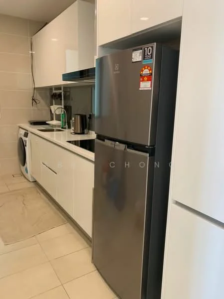 Kitchen features: white cabinetry, black countertop, stainless-steel fridge, built-in oven, ceramic tile flooring, single-bowl stainless-steel sink, chrome pull-down faucet, washing machine, wall-mounted cabinets, kettle, coffee machine; style: modern.