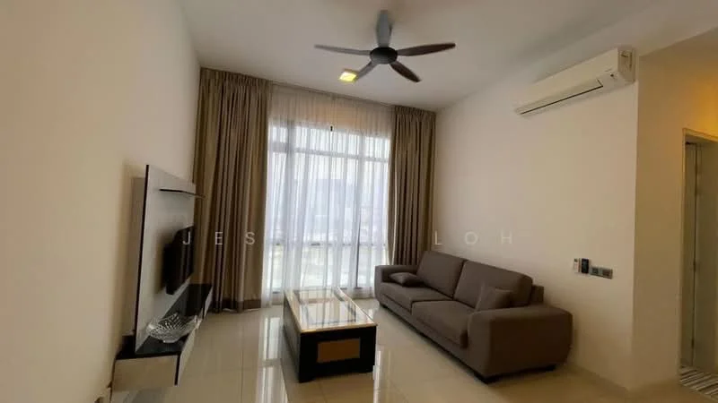 Living features: 3-seater fabric sofa in grey, coffee table with glass top, wall-mounted TV, TV console, floor-to-ceiling windows, sheer curtains, recessed downlights, 5-blade ceiling fan, air conditioning unit, cream painted walls, glossy tile flooring; style: modern; view: city.