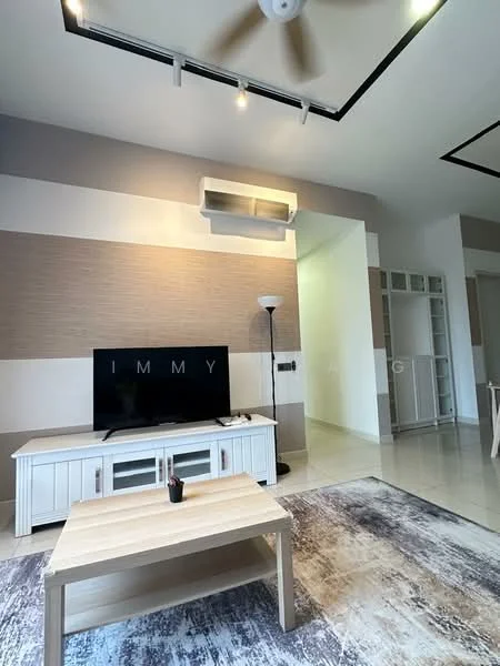 Living features: light grey painted walls, beige accent wall, white ceiling with recessed lighting, 5-blade ceiling fan with light, large flat-screen TV on white TV console, wooden coffee table, area rug with abstract pattern, laminate flooring, wall-mounted air conditioning unit, floor-to-ceiling windows, decorative floor lamp; style: modern.