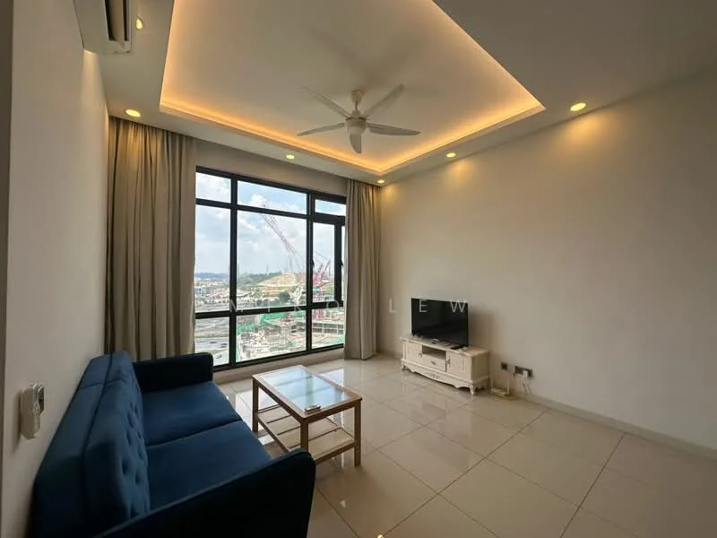Living features: blue fabric sofa, glass coffee table, wall-mounted TV, white TV console, floor-to-ceiling windows, sheer curtains, recessed downlights, ceiling fan, white painted walls, glossy tile flooring; style: modern; view: city.
