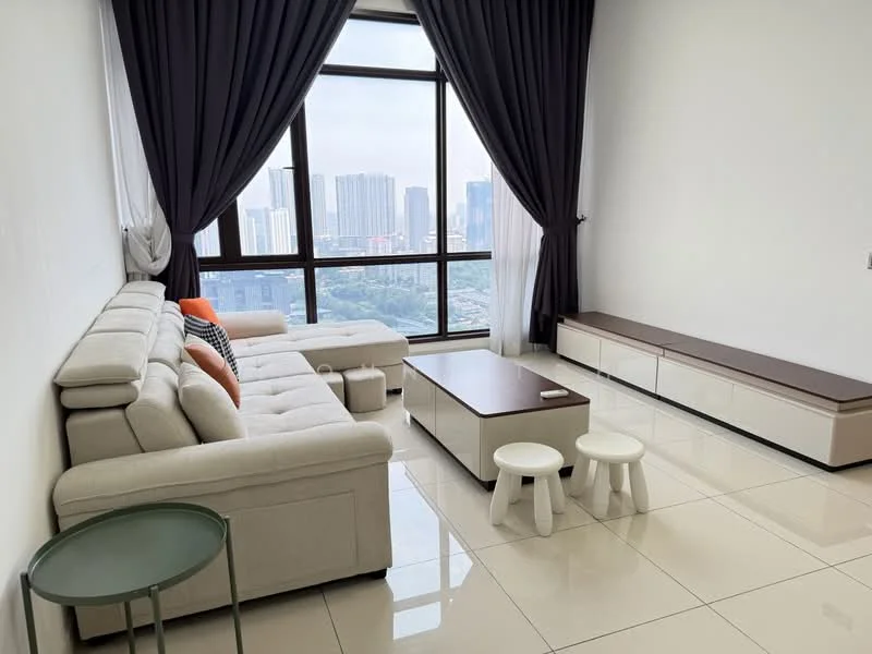 Living features: 3-seater fabric sofa in light grey, orange accent pillow, coffee table with storage, two white stools, floor-to-ceiling windows, city skyline view, white painted walls, glossy tile flooring, curtains in dark grey, TV console with storage; style: modern; view: city.