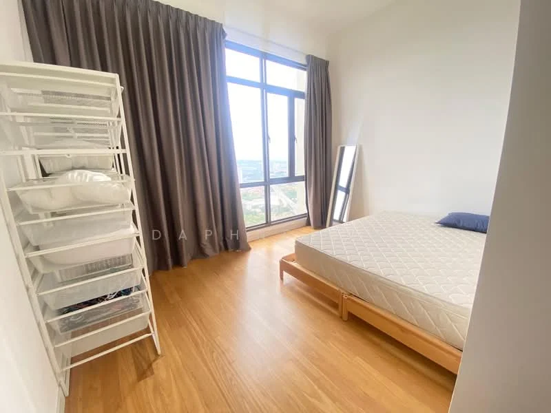 Bedroom features: queen-size bed, wooden bed frame, floor-to-ceiling windows, grey curtains, light wood flooring, mirror, white shelving unit, unmade bed with mattress, decorative pillow; style: modern; view: city.