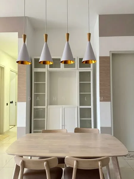 Dining features: wooden dining table, 4 wooden dining chairs, pendant lights with white and gold finish, built-in cabinetry with glass doors, cream painted walls, light-colored tiled flooring, neutral color scheme, minimalist decor; style: modern.