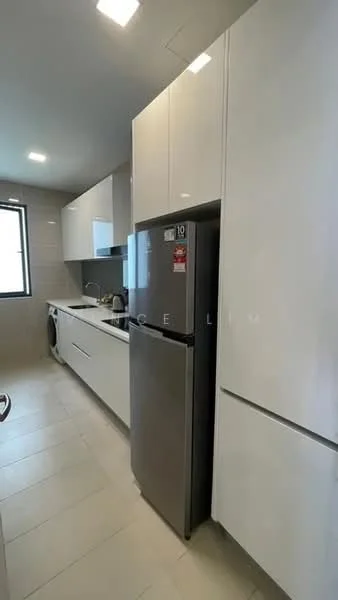 Kitchen features: white flat-panel cabinets, stainless-steel fridge, built-in oven, ceramic tile flooring, grey countertop, single-bowl stainless-steel sink, chrome pull-down faucet, wall-mounted cabinets, washing machine, window with natural light, recessed LED downlights; style: modern.