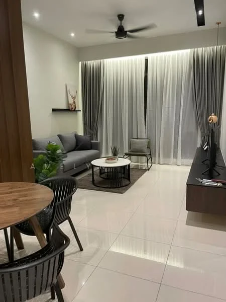 Living features: 3-seater fabric sofa in grey, coffee table, TV console, wall-mounted TV, area rug, floor-to-ceiling windows with sheer curtains, recessed LED downlights, ceiling fan, decorative wall shelf, potted plant, side chair, dining table with black chairs; style: modern.