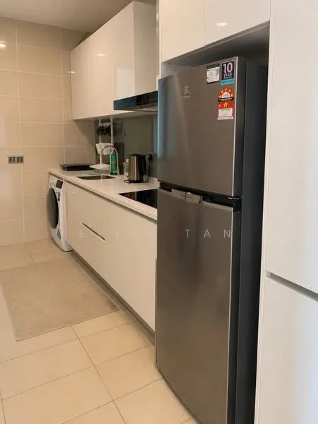 Kitchen features: white glossy cabinetry, black countertop, stainless-steel fridge, built-in oven, ceramic tile flooring, washing machine, single-bowl stainless-steel sink, chrome pull-down faucet, wall-mounted cabinets, under-cabinet lighting, neutral wall tiles, area rug, kettle, dish soap dispenser; style: modern.