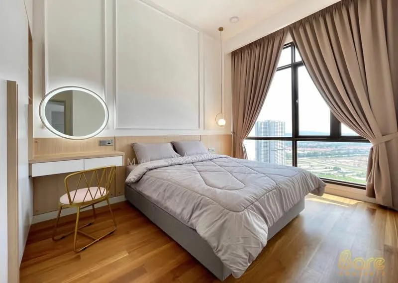 Bedroom features: king-size bed with grey bedding, wooden flooring, floor-to-ceiling window, city view, curtains in beige, round mirror above desk, white desk with built-in storage, gold metal chair; style: modern; view: city.
