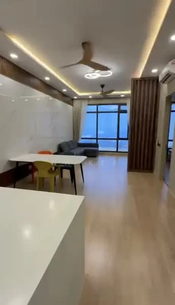 Living features: light wood flooring, white walls with marble accent wall, recessed LED downlights, 5-blade ceiling fan with light, floor-to-ceiling windows, grey fabric sofa, dining table with white surface, yellow and orange dining chairs, curtains, air conditioning unit; style: modern; view: city.