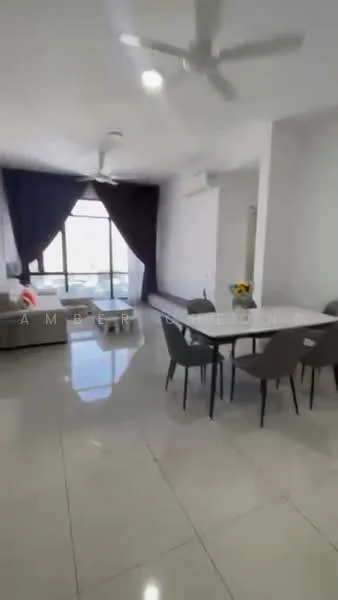 Living features: large floor-to-ceiling windows, grey fabric sofa, white coffee table, dining table with six chairs, ceiling fan, white walls, glossy tile flooring, curtains in dark blue, decorative vase with flowers, air conditioning unit; style: modern; view: city.
