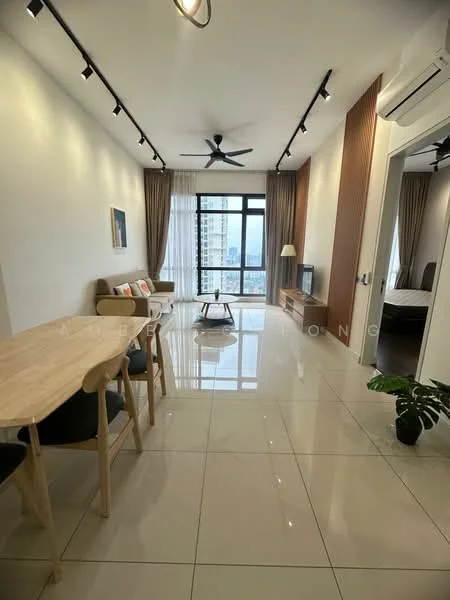 Living features: large floor-to-ceiling windows, grey tiled flooring, 5-blade ceiling fan with light, sofa with cushions, wooden dining table, 4 dining chairs, wall-mounted TV, decorative wall paneling, curtains, indoor plant; style: modern; view: city.
