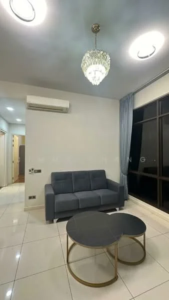 Living features: 3-seater fabric sofa in grey, round coffee table with black top and gold base, chandelier with crystal detailing, 2 ceiling lights, wall-mounted split AC, large windows with sheer curtains, white tiled flooring, light blue painted walls; style: modern.