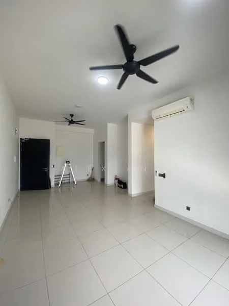 Room features: white painted walls, polished ceramic tile flooring, 5-blade ceiling fan, wall-mounted split AC, recessed ceiling lights, tripod stand, doorway leading to another room; style: modern.