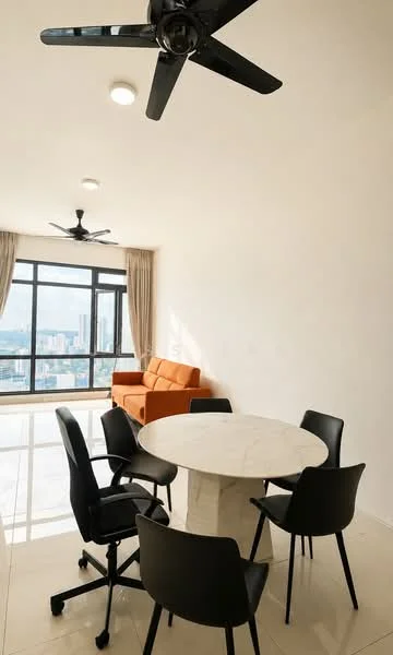 Dining features: round marble dining table, 4 black dining chairs, 2 black office chairs, floor-to-ceiling windows, sheer curtains, 2 ceiling fans with light, orange fabric sofa, light-colored walls, tile flooring; style: modern; view: city.