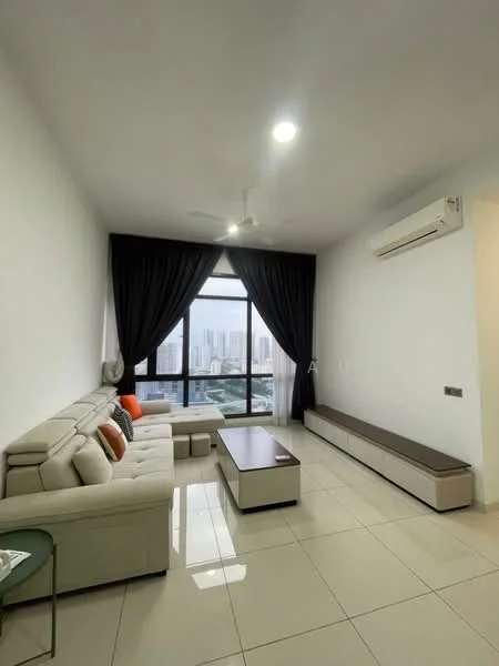Living features: 3-seater fabric sofa in light beige, coffee table with wooden top, TV console with storage, floor-to-ceiling windows, blackout curtains, white painted walls, polished tile flooring, 1 wall-mounted split AC, ceiling fan with light, decorative cushions in orange, area rug; style: modern; view: city.