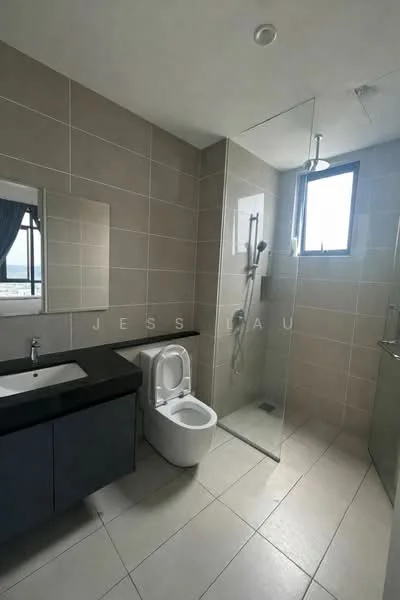 Bathroom features: single-sink vanity with dark countertop, grey cabinetry, framed mirror, one-piece toilet, walk-in shower with glass enclosure, rain shower head, tile cladding on walls, ceramic tile flooring, window with city view, recessed downlights; style: modern; view: city.