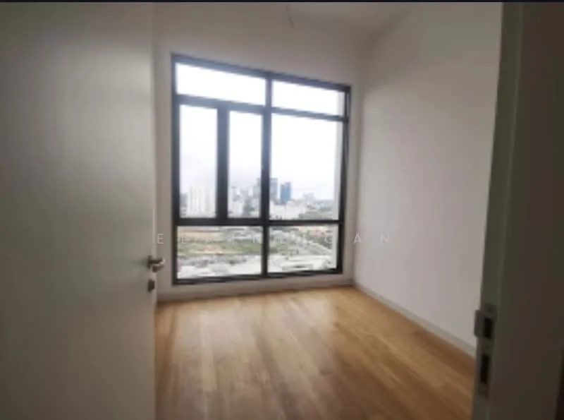 Bedroom features: large floor-to-ceiling windows, wooden flooring, white painted walls, city view, minimalist design, no visible furniture, natural light, neutral color palette; style: modern; view: city.