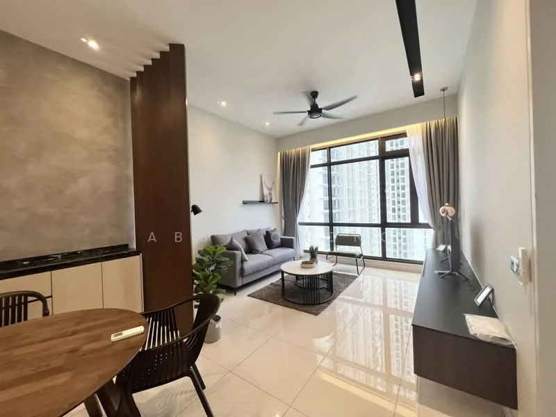 Living features: grey fabric sofa, round coffee table, TV console, floor-to-ceiling windows, curtains, ceiling fan, recessed downlights, decorative wall with texture, marble tile flooring, indoor plant, wall-mounted decor, area rug; style: modern; view: city.
