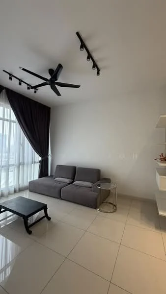 Living features: grey fabric sofa, black coffee table, white wall, large floor-to-ceiling windows, sheer curtains, black ceiling fan with light, recessed LED track lighting, glossy tile flooring; style: modern; view: city.