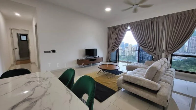 Living features: floor-to-ceiling windows, curtains, 3-seater fabric sofa in light grey, coffee table, TV console, wall-mounted TV, area rug, ceiling fan, marble flooring; style: modern; view: city. Dining features: dining table, green upholstered dining chairs, marble tabletop; style: modern. Hallway features: white painted walls, doorway to bedroom, doorway to bathroom.