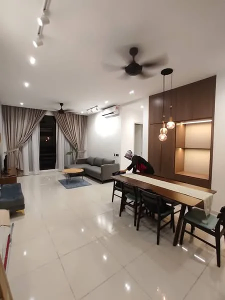 Living features: 3-seater fabric sofa in grey, ceiling fan, recessed LED downlights, floor-to-ceiling windows with sheer curtains, white painted walls, marble tile flooring, wooden accent wall with built-in lighting, decorative pendant lights, coffee table, dining table with 6 chairs; style: modern; view: city.