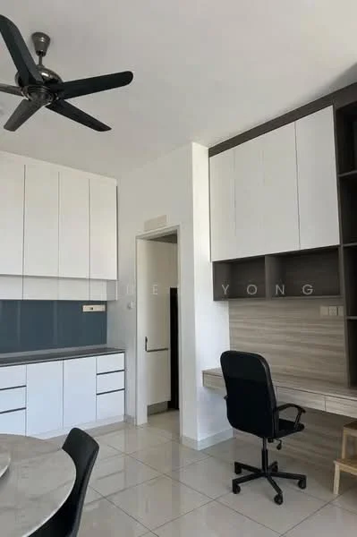 Kitchen features: white cabinetry with flat-panel doors, grey backsplash, stainless-steel sink, single-bowl sink, chrome faucet, built-in oven, 4-burner gas hob, white countertop, tile flooring, ceiling fan, workspace with desk and chair, open shelving; style: modern.