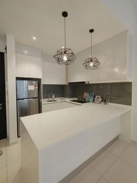 Kitchen features: white quartz countertop, white cabinetry with flat-panel doors, stainless-steel fridge, built-in oven, ceramic cooktop, black glass backsplash, 2 pendant lights with geometric design, single-bowl stainless-steel sink, chrome pull-down faucet, recessed downlights, tile flooring, open layout; style: modern.