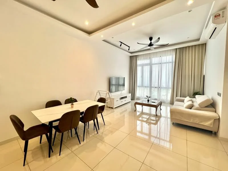 Living features: white painted walls, recessed ceiling with LED lights, large floor-to-ceiling windows, light-colored curtains, polished ceramic tile flooring, 3-seater fabric sofa in white, 2-seater fabric sofa in white, coffee table, TV console, wall-mounted TV, ceiling fan with light, dining table for 6 with white marble top, upholstered dining chairs in brown; style: modern; view: city.