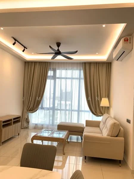 Living features: cream leather sofa, glass coffee table, dining table with chairs, 5-blade ceiling fan with light, recessed downlights, floor-to-ceiling windows, sheer curtains, white painted walls, glossy tile flooring, wall-mounted air conditioning unit; style: modern.