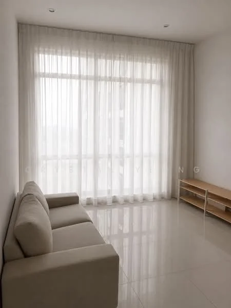 Living features: light grey fabric sofa, white walls, large floor-to-ceiling windows, sheer white curtains, glossy white tile flooring, wooden TV console, minimalist decor, natural light; style: modern.