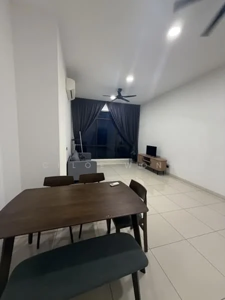 Dining features: rectangular wooden dining table, 4 upholstered dining chairs in grey, floor-to-ceiling windows, grey curtains, wall-mounted TV, light-colored tiled flooring, split air conditioning unit, ceiling fan with light, neutral white painted walls; style: modern.