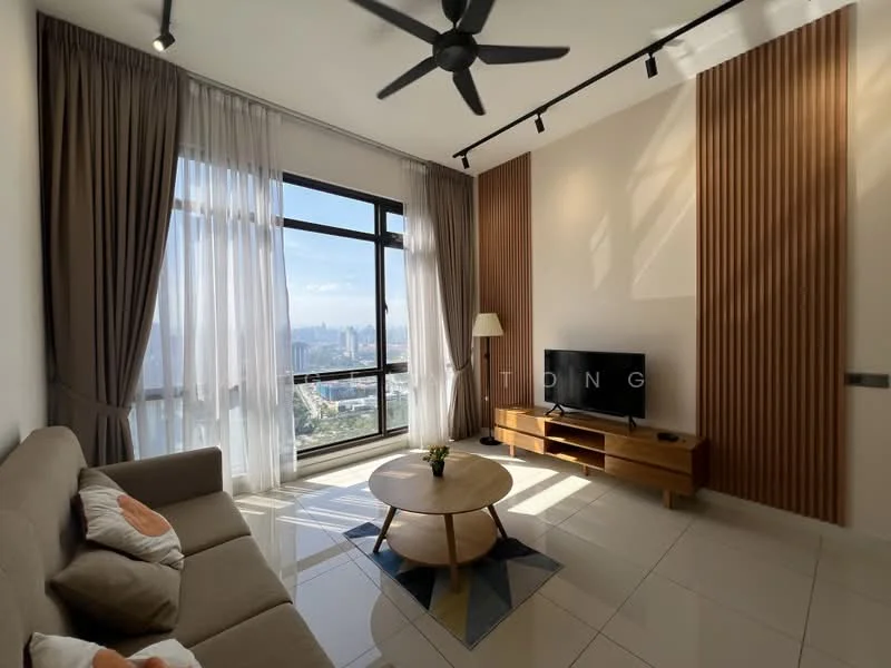 Living features: 3-seater fabric sofa in beige, round coffee table, wall-mounted TV, TV console in wood, floor-to-ceiling windows, sheer curtains, wood accent wall, recessed downlights, ceiling fan, area rug with geometric pattern, city skyline view; style: modern; view: city.