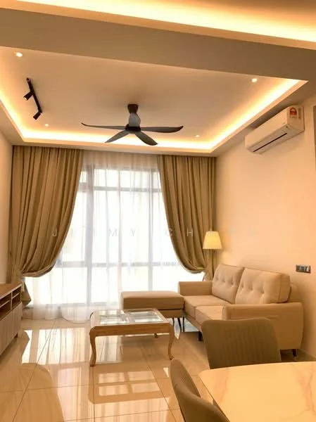 Living features: cream painted walls, glossy tile flooring, tray ceiling with recessed lighting, 5-blade ceiling fan with light, floor-to-ceiling windows with sheer curtains, beige fabric sofa, glass coffee table, wooden TV console, wall-mounted air conditioning unit, decorative lamp, curtains in beige color; style: modern.