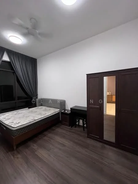 Bedroom features: queen-size bed with mattress, wooden headboard, dark wood wardrobe, black study desk, wooden flooring, grey curtains, ceiling fan, recessed ceiling lights, floor-to-ceiling windows; style: modern.