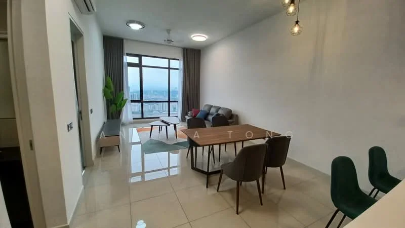Living features: floor-to-ceiling windows, grey fabric sofa, wooden coffee table, dining table with four chairs, pendant lighting, white painted walls, glossy tile flooring, ceiling fan, decorative plant, curtains, view of city skyline; style: modern; view: city.