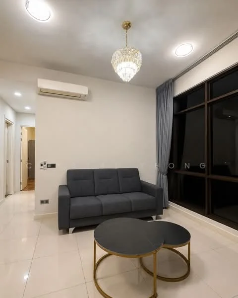 Living features: grey fabric sofa, round coffee table with gold trim, chandelier light fixture, recessed LED downlights, wall-mounted split AC, floor-to-ceiling windows, curtains in grey, white painted walls, glossy tile flooring; style: modern.