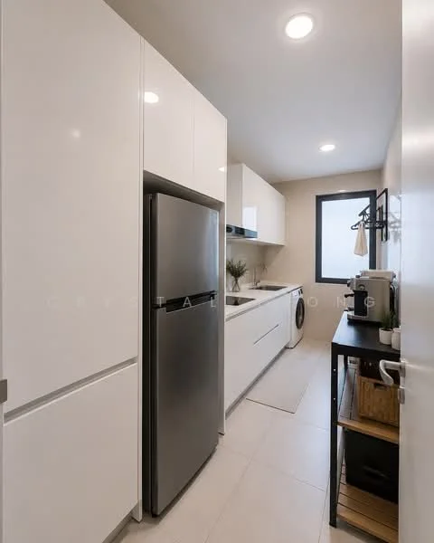 Kitchen features: white cabinetry, stainless-steel fridge, single-bowl stainless-steel sink, chrome pull-down faucet, white countertop, wall-mounted cabinets, tile backsplash, recessed downlights, window with black frame, light-colored flooring, open shelving, wooden storage cart; style: modern.