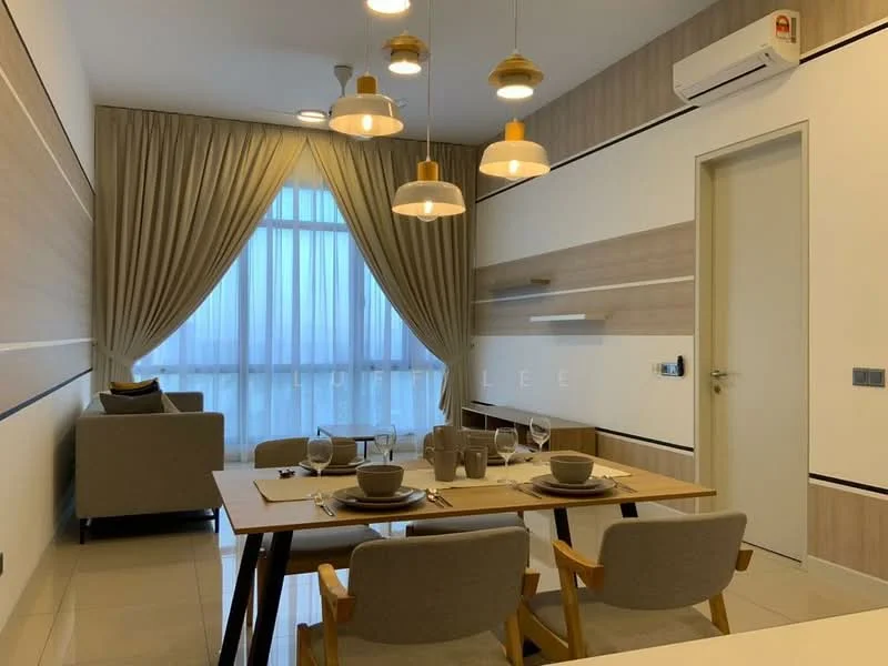 Dining features: dining table with 4 chairs, pendant lighting with three bulbs, white walls with wood paneling, floor-to-ceiling windows with sheer curtains, light-colored tiled flooring, built-in wall shelf, air conditioning unit on wall, decorative wall accents; style: modern. Living features: 2-seater fabric sofa, decorative cushions, coffee table, side table, area rug, wall-mounted decor; style: modern.