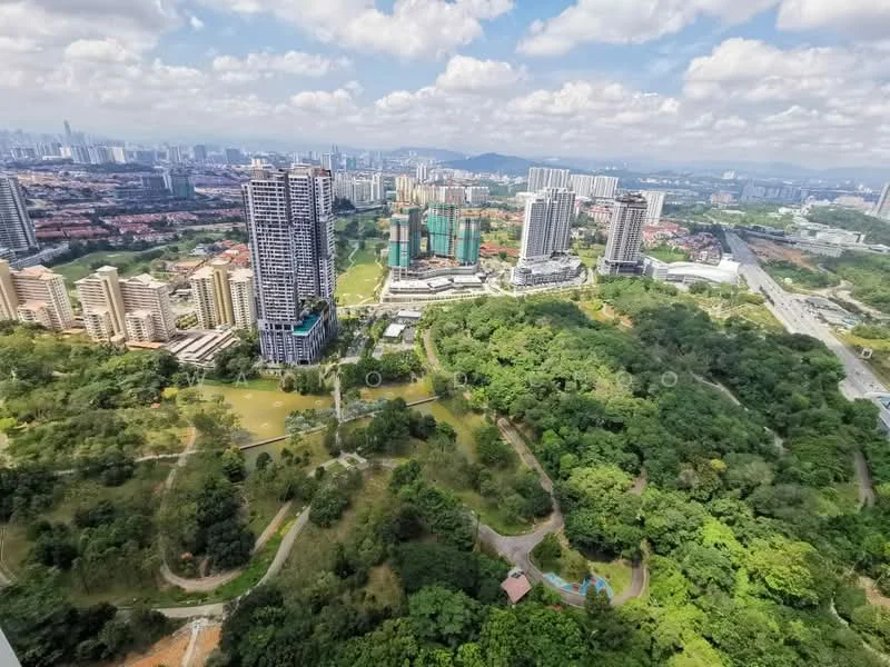Exterior type: high-rise condominium; features: city skyline view, surrounded by greenery, manicured lawns, urban park, multiple high-rise buildings, roadway visible, cloudy sky, distant mountains; style: modern.