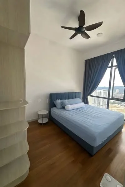 Bedroom features: king-size bed with upholstered headboard, blue bedding, nightstand with round top, ceiling fan with 3 blades, floor-to-ceiling window, curtains in dark blue, wooden flooring, built-in wardrobe with light wood finish; style: modern; view: city.