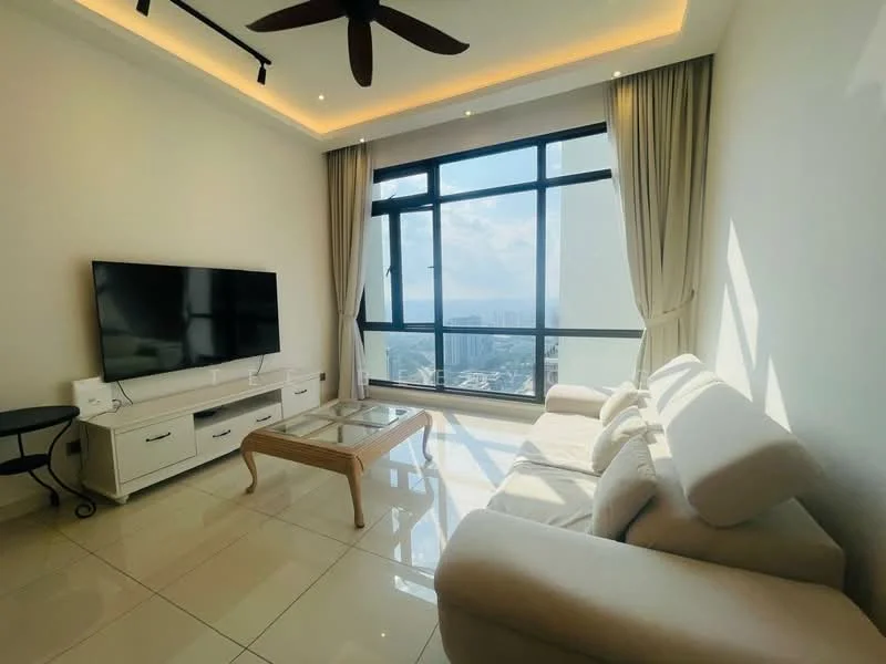 Living features: floor-to-ceiling windows, white walls, cream curtains, 3-seater fabric sofa in white, glass coffee table, TV console with drawers, wall-mounted TV, recessed downlights, ceiling fan with light, glossy tile flooring; style: modern; view: city.