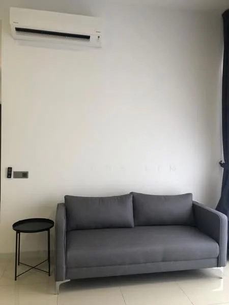 Living features: grey fabric sofa with two cushions, black side table, wall-mounted split AC, white painted walls, glossy tile flooring, floor-to-ceiling window with dark curtains; style: modern.