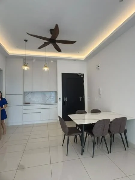Dining features: white walls, recessed ceiling with LED lighting, 5-blade ceiling fan, dining table with white top, 4 upholstered dining chairs in grey, built-in cabinetry with white finish, ceramic tile flooring, wall-mounted light fixtures; style: modern.