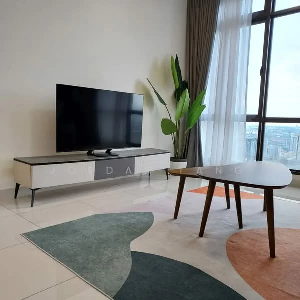 Living features: large flat-screen TV, TV console with white and wood finish, round coffee table with wooden legs, area rug with abstract pattern in multiple colors, floor-to-ceiling windows, curtains, indoor plant, white painted walls, glossy tile flooring; style: modern; view: city.