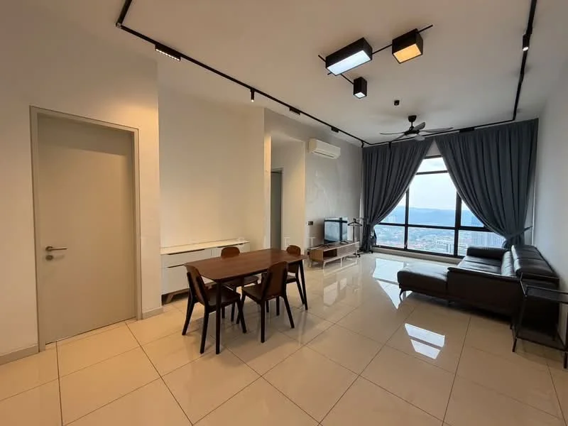 Living features: floor-to-ceiling windows, grey curtains, 3-seater leather sofa, wooden dining table with 4 chairs, wall-mounted TV, air conditioning unit, recessed LED downlights, polished ceramic tile flooring, light grey painted walls, ceiling fan with light; style: modern; view: city.
