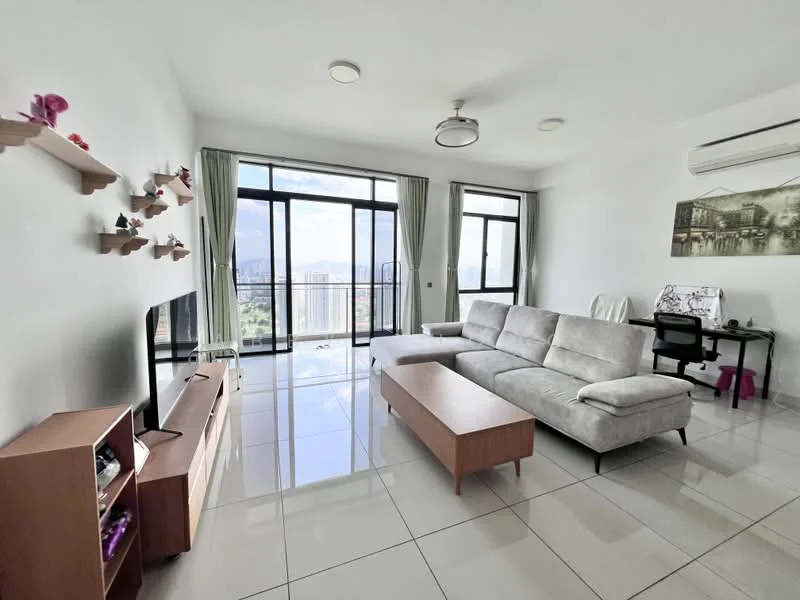 Living features: grey fabric L-shape sectional sofa, wood coffee table, TV console, wall-mounted TV, floor-to-ceiling windows, sheer curtains, recessed downlights, white painted walls, polished tile flooring, air conditioning unit, decorative wall shelf, study desk with chair; style: modern; view: city.