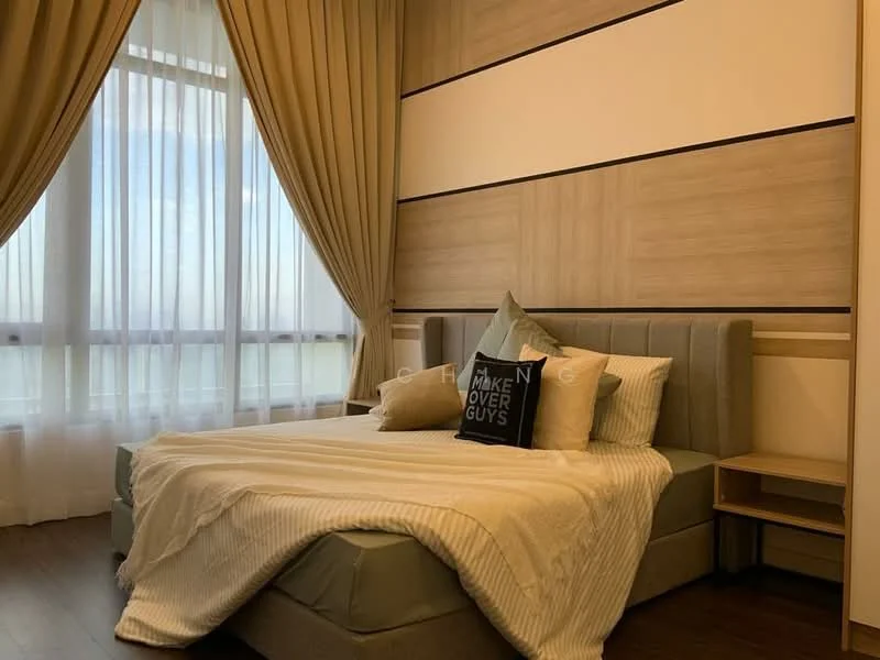 Bedroom features: king-size bed, upholstered headboard, striped bedding, decorative throw pillows, wooden bedside table, floor-to-ceiling windows, sheer curtains, wooden flooring, accent wall with wood paneling, decorative wall art; style: modern; view: city.