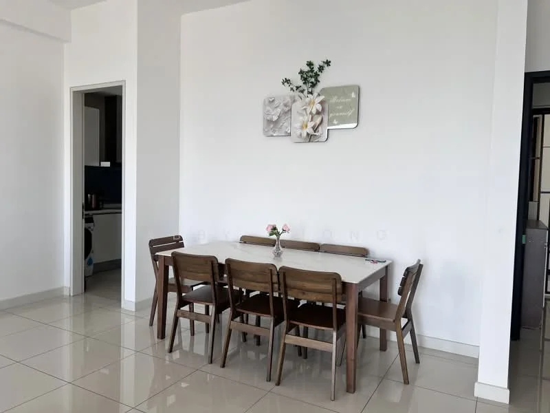 Dining features: rectangular dining table, 8 wooden dining chairs, white walls, glossy tile flooring, decorative wall art with floral design, vase with flowers on the table, natural light from window, open layout to kitchen area; style: modern. Kitchen features: white cabinetry, stainless-steel appliances, open layout to dining area; style: modern.