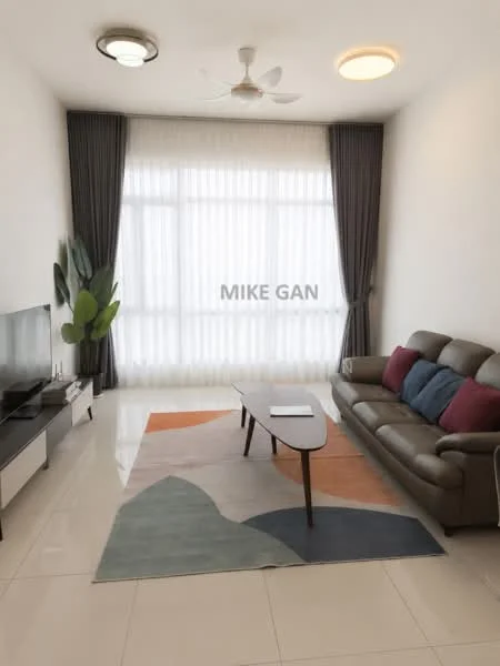 Living features: 3-seater leather sofa in grey, coffee table, area rug with geometric pattern, floor-to-ceiling windows, sheer curtains, ceiling fan, wall-mounted TV, decorative plant, light-colored walls, polished tile flooring; style: modern.